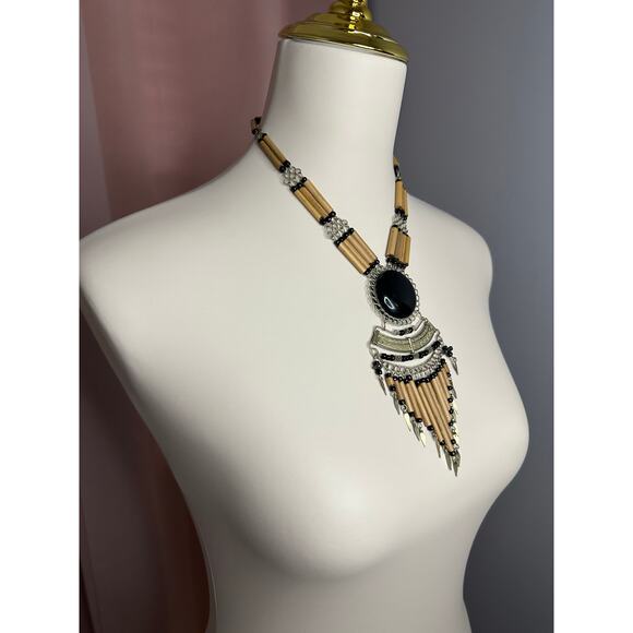 EUC Vintage Black Onyx Bamboo Silver-Tone Necklace Statement Piece Dangle - Picture 3 of 7